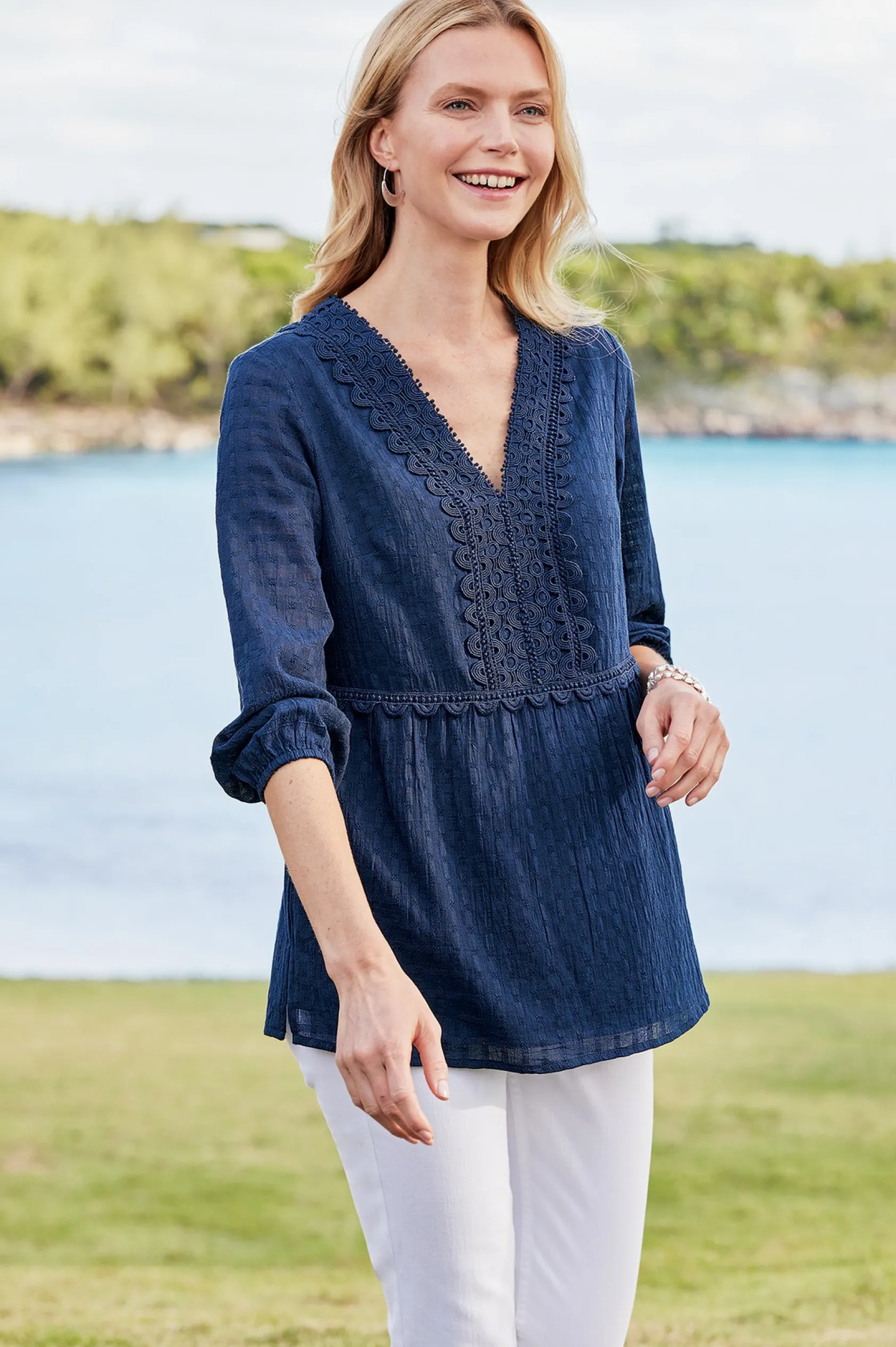 Soft Surroundings Petites Elodie Windowpane Gauze Top